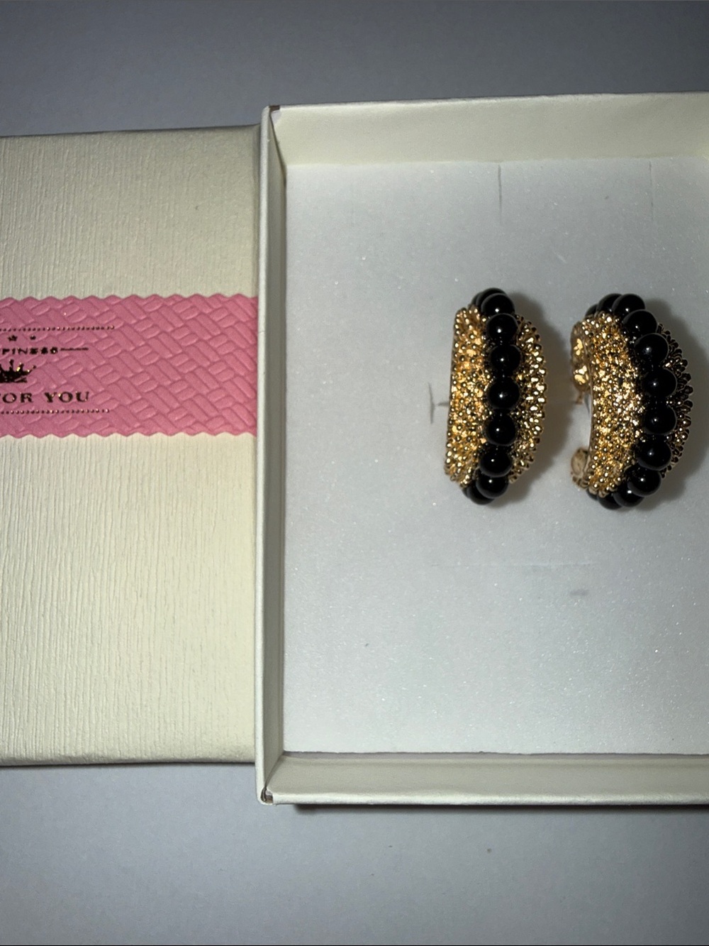 Gold and Black Beaded Clip Hoop Earrings
